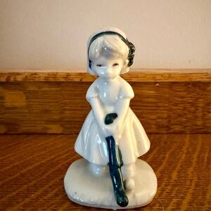 Vintage Porcelain Golf Girl Figurine Blue & White Golfer By Cheswick Action Mint